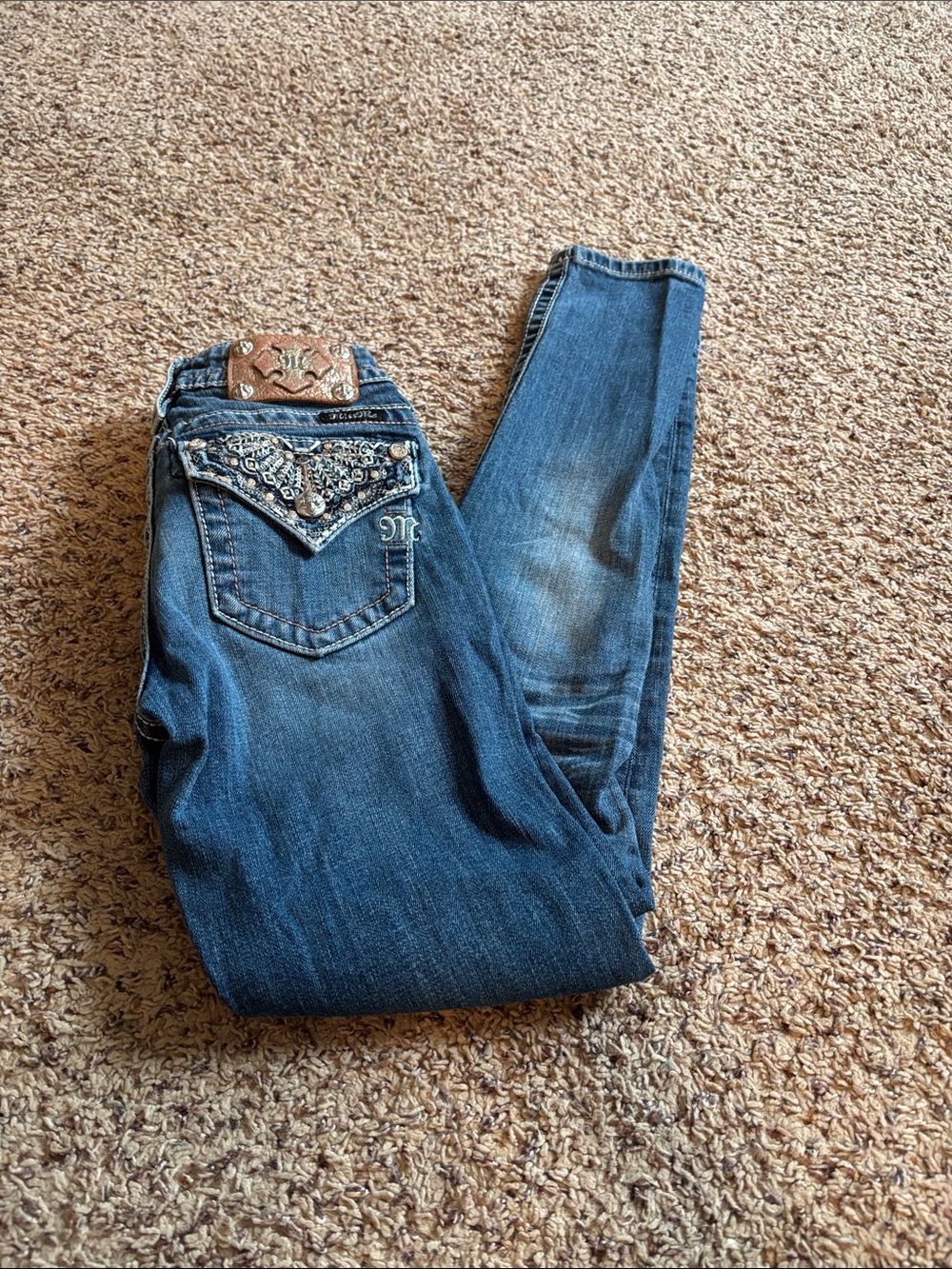 Miss Me Dark Blue Skinny Jeans with Embellished Back Pockets
